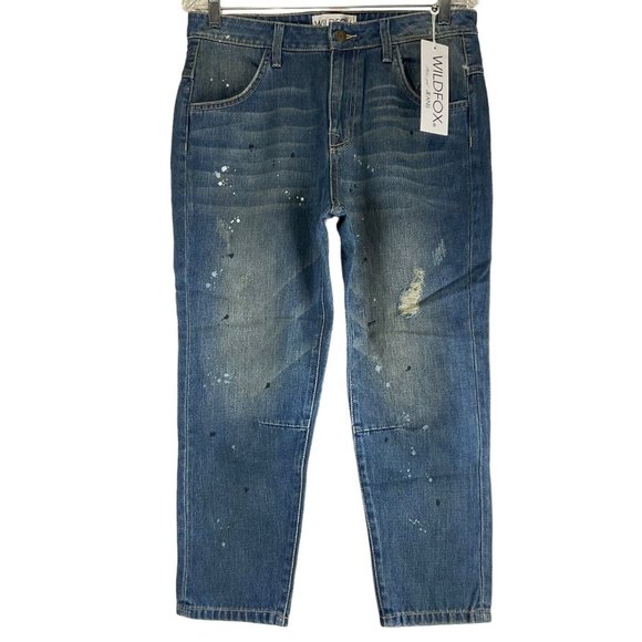 Wildfox Jeans Womens Sz 27 Blue DaVinci Relaxed Baggy Paint Splatter Crop Nwt